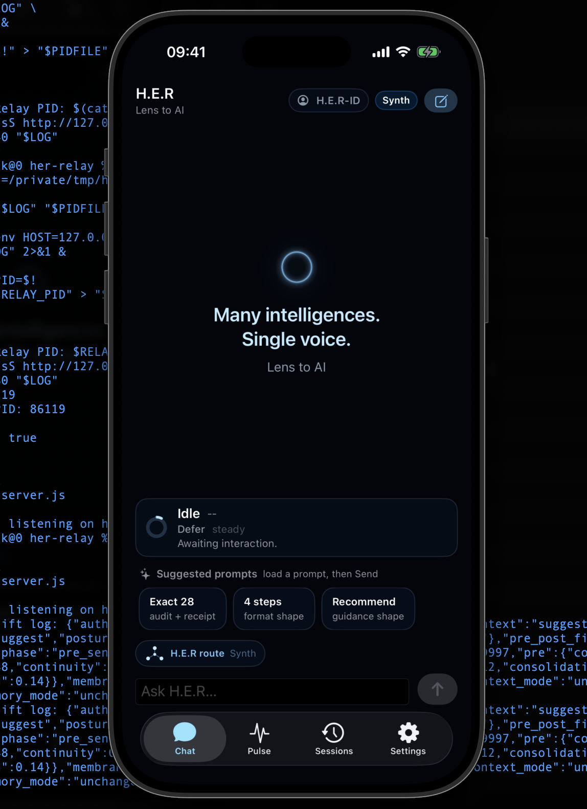H.E.R on iPhone with bounded relay telemetry visible behind the interface